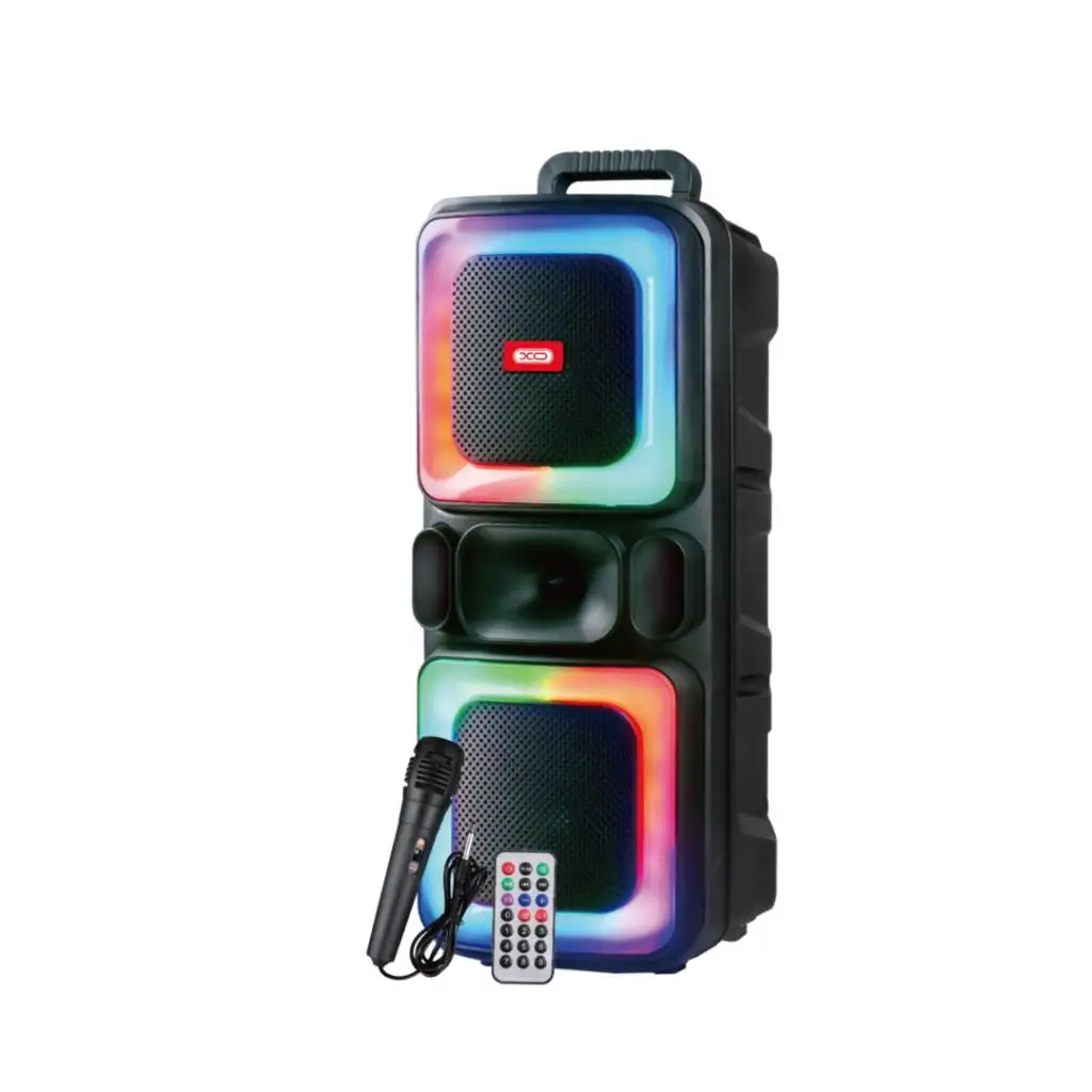 Altavoz Bluetooth Potente con Doble Subwoofer de 8 Pulgadas Luces LED RGB y Funcion Karaoke Sistema de Sonido Estereo 20W Incluye Microfono de Cable y Mando a Distancia Soporta TWS FM USB y Tarjeta TF Bateria de 3000mAh para Fiestas y Exterior Negro