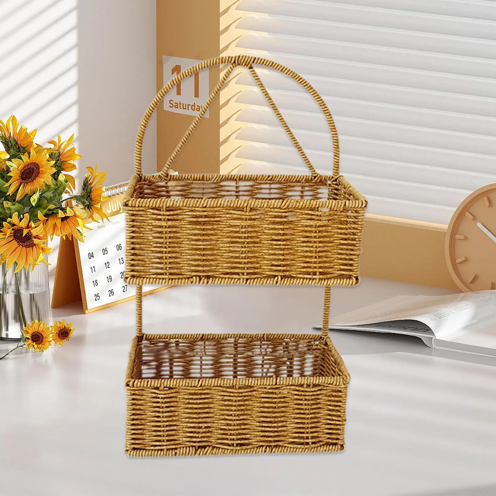 سلة من الخيزران المقلد مثبتة على الحائط ، أرفف تخزين معلقة منسوجة للحديقة والمطبخ #4