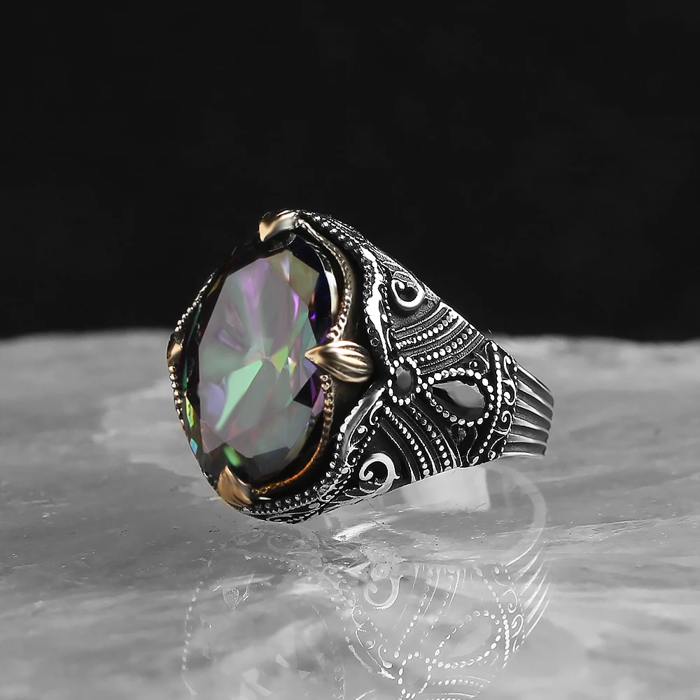 

Guaranteed Solid 925 Sterling Silver Ring Mystic Topaz stone luxurious styl High Quality Gift for men fine jewelry