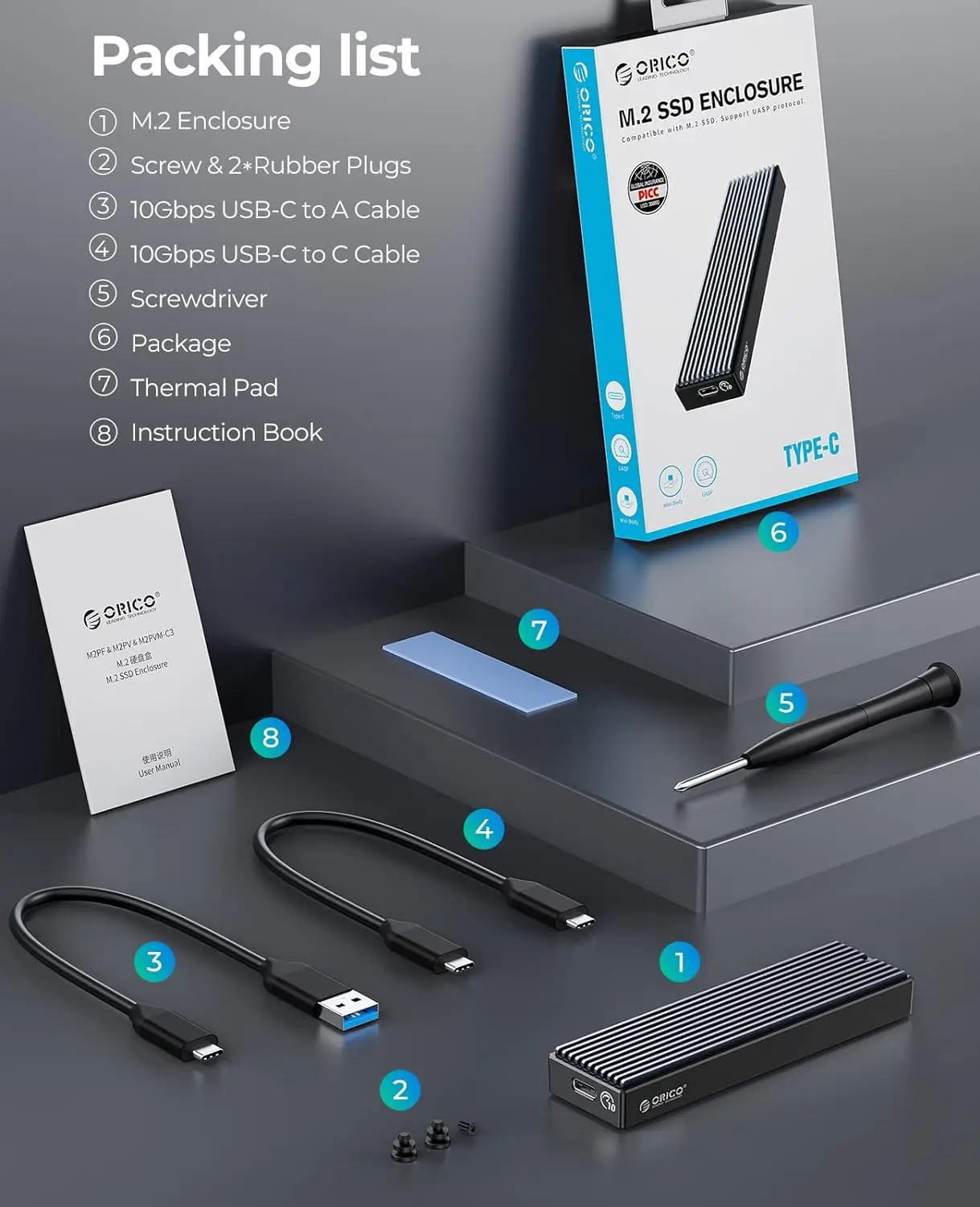 ORICO-Boîtier de disque SSD M2 NVMe USB Type C Gen2 10Gbps PCIe, SATA NGFF 5Gbps M.2 NVcloser