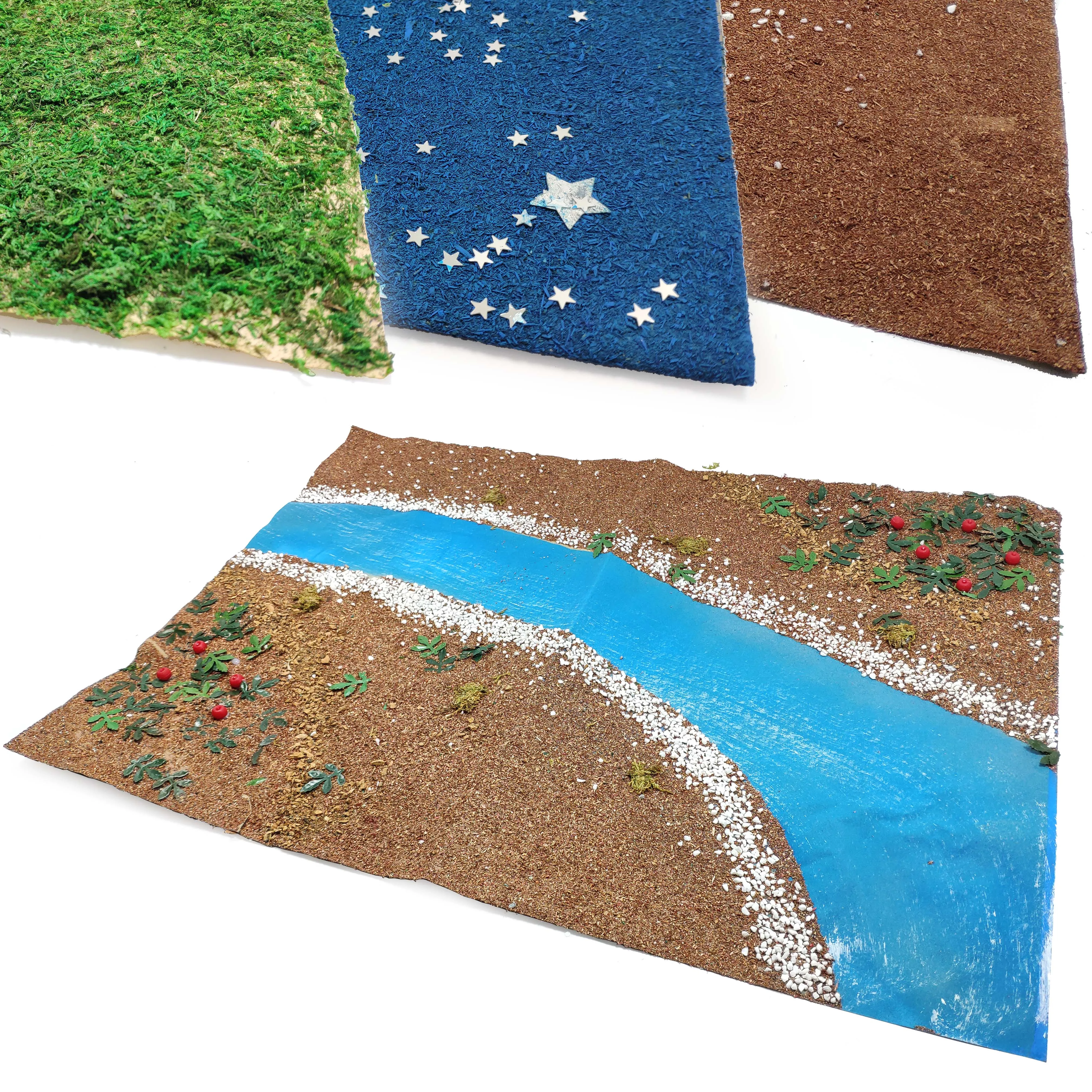 Suelos para el Belen 50x70cm Cesped Pasto Musgo Tierra Piedras Paisaje con Rio y Decoración de Frutos Verduras y Plantas Cielo Azul con Estrellas