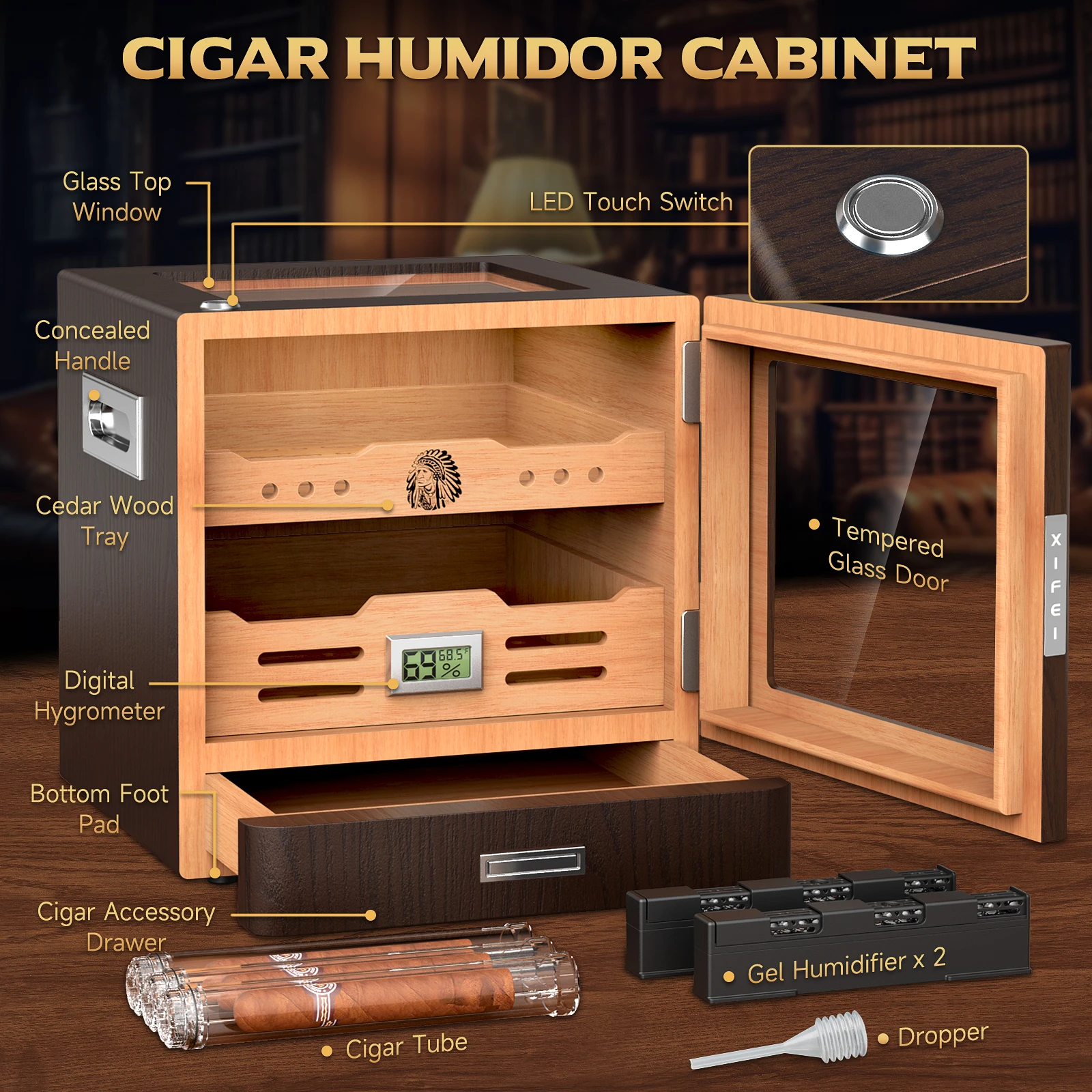 

Cigar Humidor Cabinet,LED Lighting,Digital Hygrometer,2 Humidifiers,Cigar Tube,Desktop,Cedar Wood,with Drawer up to 100 Cigars
