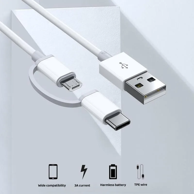 3A 2-in-1 데이터 케이블 마이크로 USB 유형 C 데이터 어댑터 휴대 전화 USB C Xiaomi Samsung OPPO Android Phone 용 고속 충전 케이블