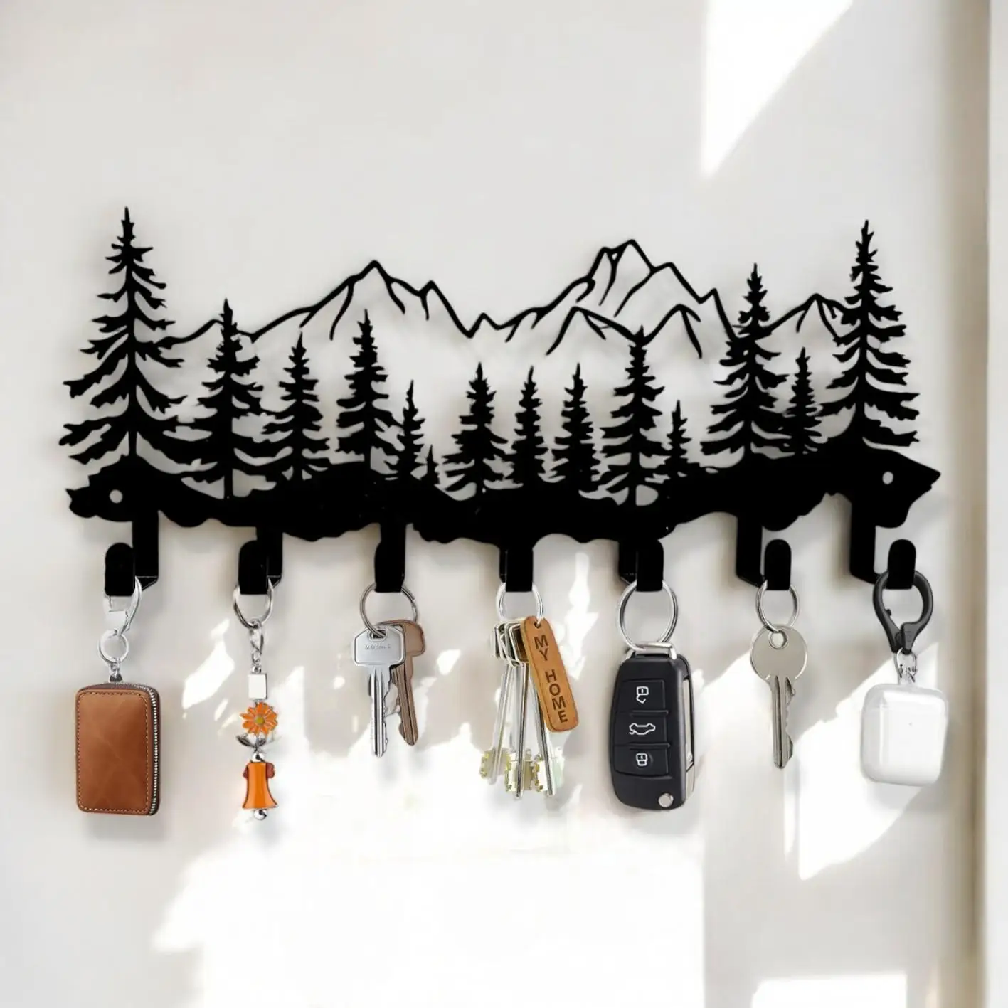 Personalized Metal Key Hangers Rustic Metal Mountain Key Holder: Forest Wall Decor Laser Cut Front Door Decor