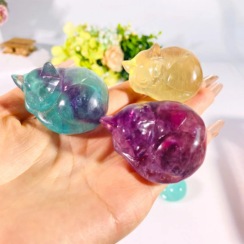 Fluorite Natural Crystal Sleeping Cat Carving Home Decor Beautiful Quartz Gemstone Sleepy Animal Healing Protection Stone Gift