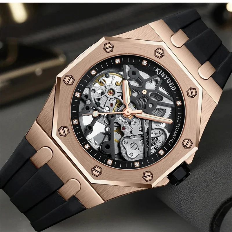 KINYUED modny szkieletowy zegarek mechaniczny najwyższej marki luksusowy męski Steampunk przezroczysty Hollow automatyczny zegarek Relogio Masculino — 2