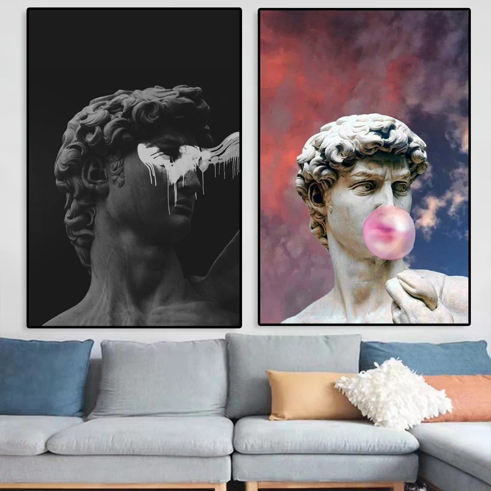 

Funny Modern Sculpture Poster Graffiti Art Prints Apollo Marble David Popolo Canvas Painting Wall Art Picture Gallery Home Decor