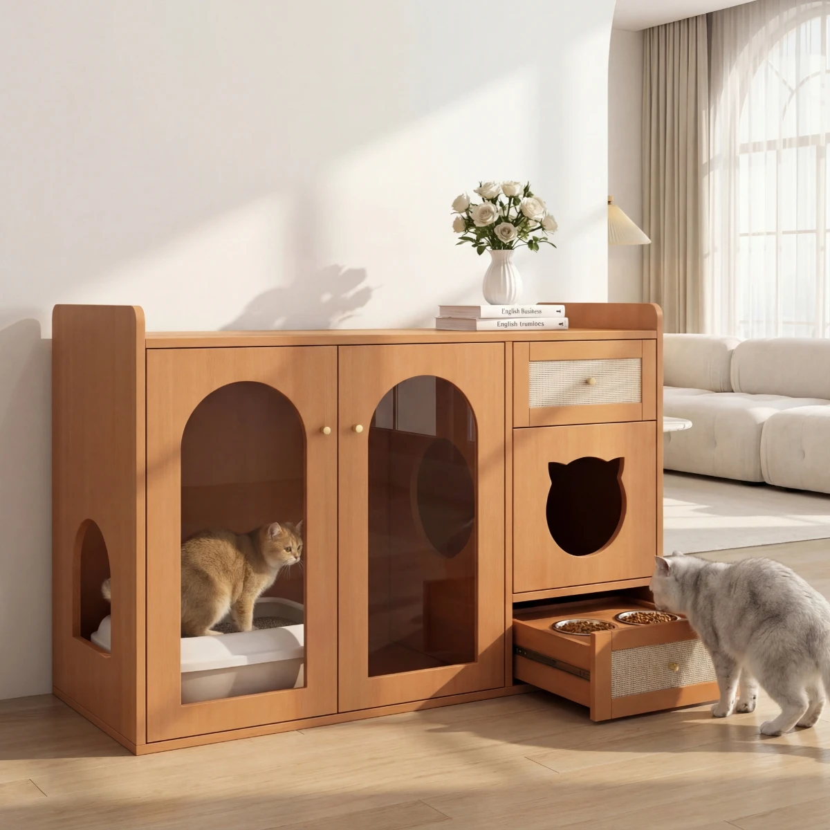 Meuble multifonctionnel pour chat avec litière intégrée – meuble d'appoint adapté aux animaux de compagnie comprenant des gamelles, un espace de repos et un espace de rangement (sans litière ni coussin pour chat), couleur noyer, 120 x 45 x 83 cm
