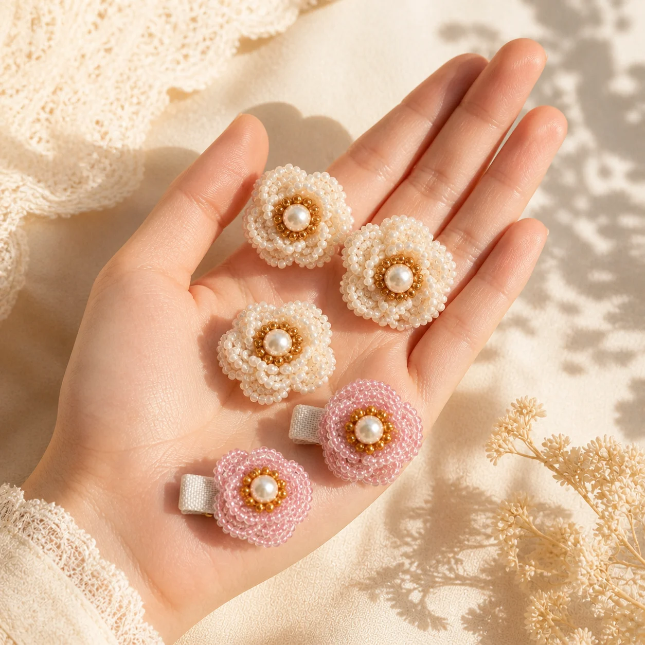 

Handmade Beaded Flower Hair Clip, Pearl Center Floral Alligator Clip, Sweet Hair Accessory for Women