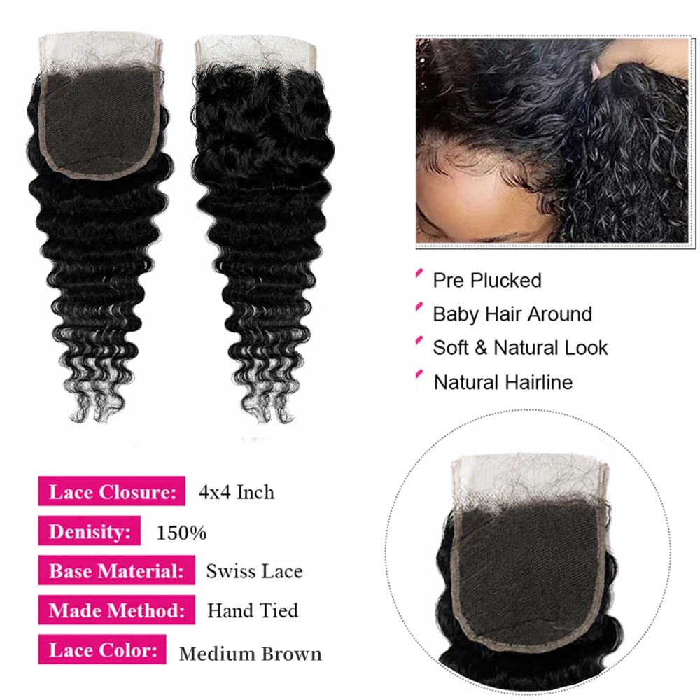 32 Zoll Deep Wave 100% Echthaar-Bündel mit Verschluss, lockig, 3 Bündel mit Verschluss, Echthaar-Extensions und Verschluss, vietnamesisch – Detail 2
