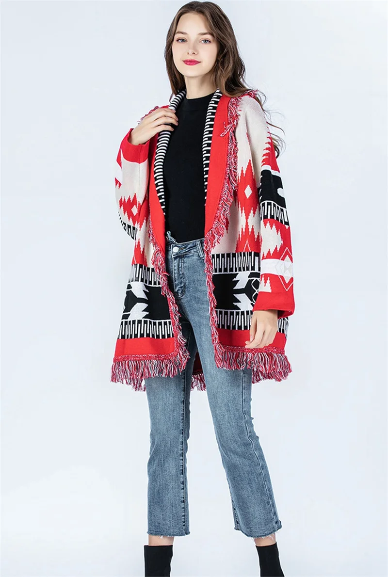 HIGH QUALITY Ethnic Boho Gypsy Bohemian Stylish Women\'s Cashmere Wool Jacquard Print Fringed Belted  Wrap Cardigan In Red