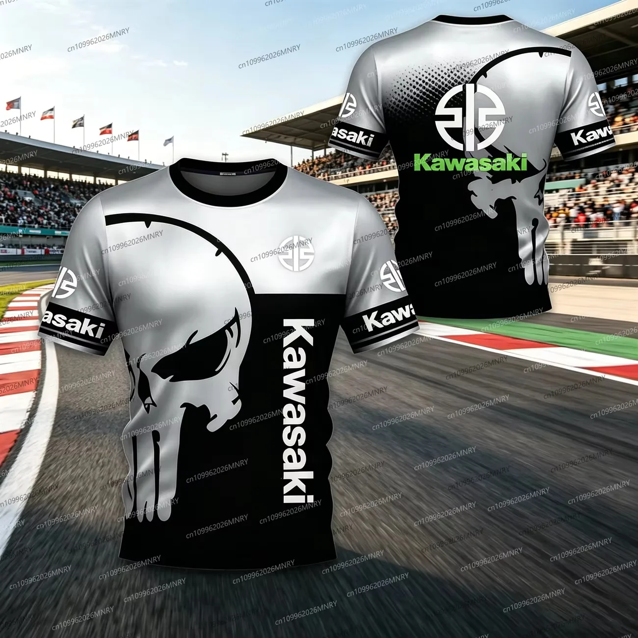 Neues Kawasaki-T-Shirt mit Totenkopf-Design, kurzärmelig, für Männer und Frauen, für Motorradrenn-Enthusiasten, atmungsaktives, schnell trocknendes Sport-Top ﻿