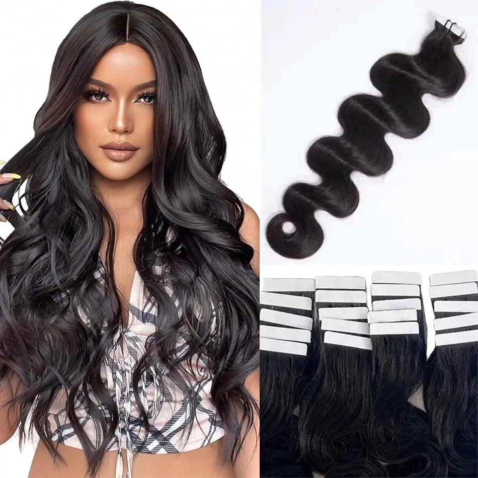 Tape In Hair Extensions Echt Natuurlijk 100% Human Hair Extensions Black Body Wave Hair Extensions Huid Inslag 20 Stks/pak 50G 16 "-26