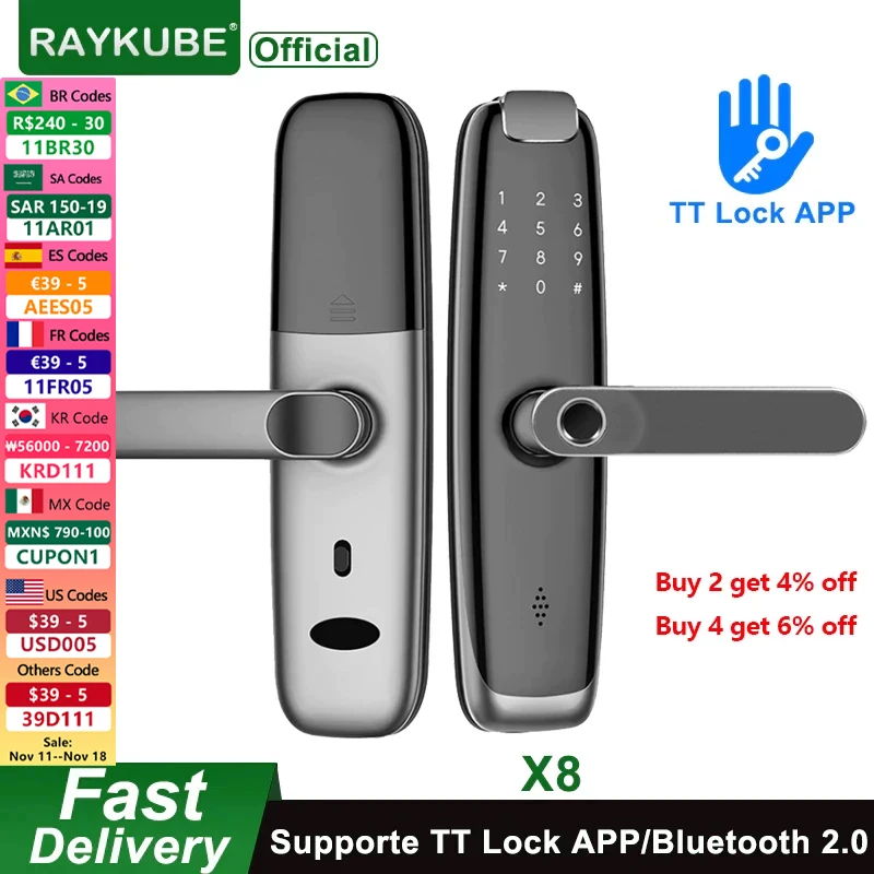 RAYKUBE X8 Biometric Fingerprint Door Lock BT TTlock APP Smart Digital IC Card Electronic Home Security Keyless Entry Access