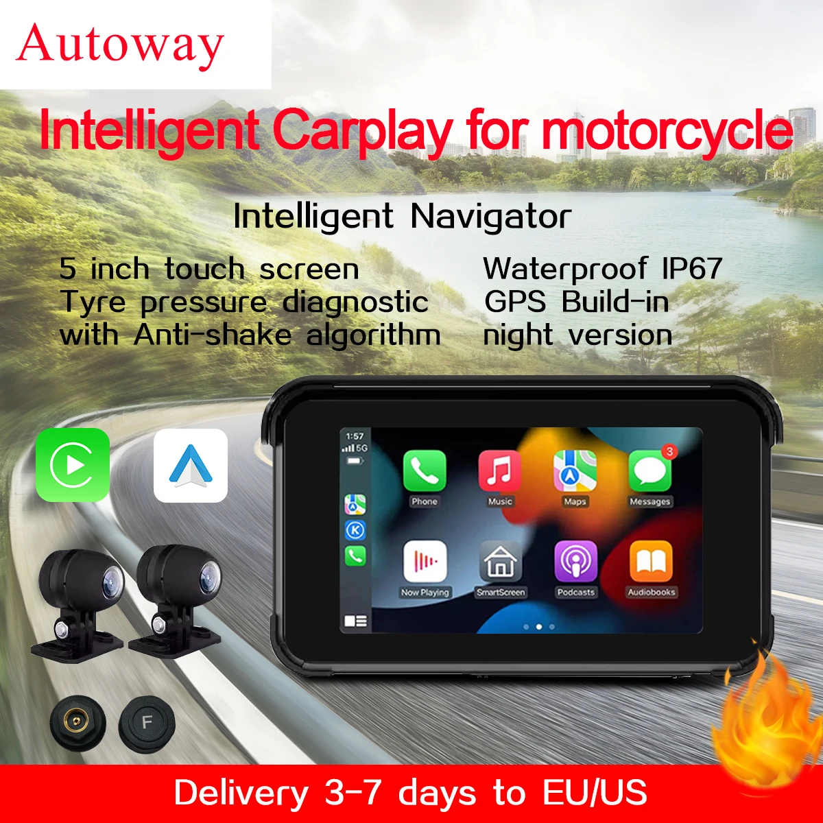 Autoway Waterproof Wireless Carplay for Motorcycle 5'' Touch Screen Android Auto with GPS TMPS Anti-shake Night Version Cameras