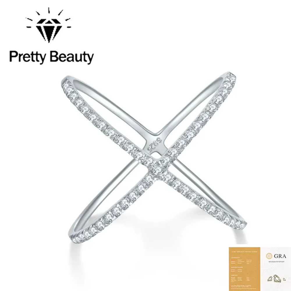 Pretty Beauty Moissanite Criss Cross Ring 925 Sterling Silver X Shape Diamond Statement Ring Birthday Jewelry Gift for Women
