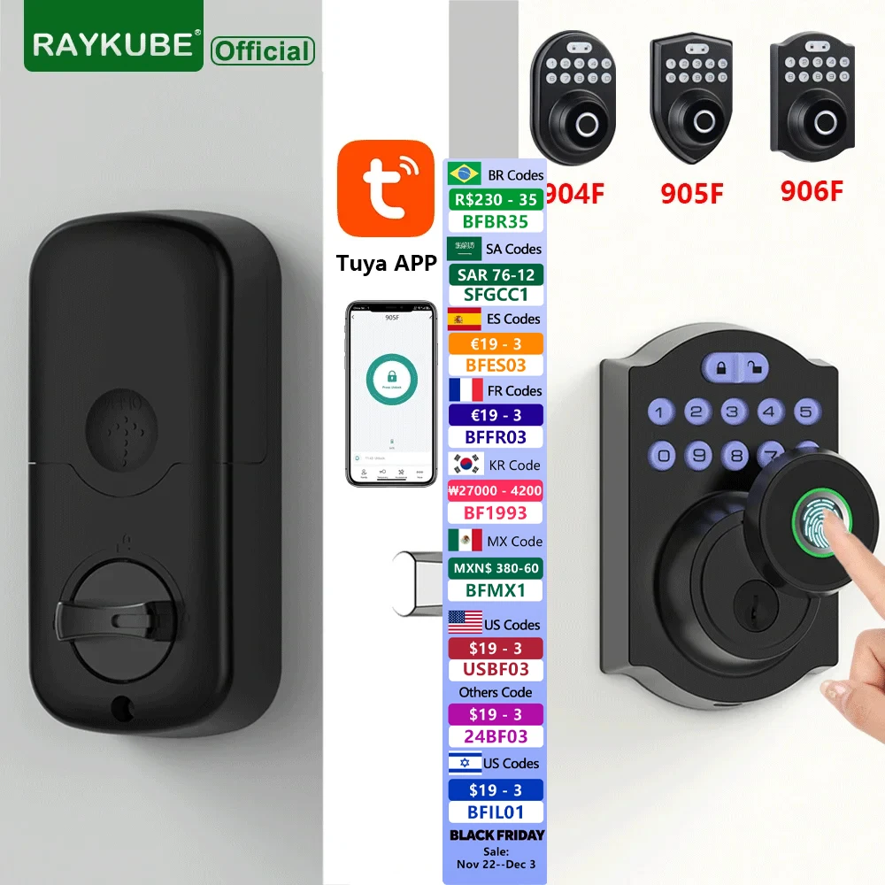 RAYKUBE Tuya BLE Fingerprint Deadbolt Lock Smart Digital Lock With Auto Lock Delay Password/Key/APP Remote Unlock 904F/905F/906F