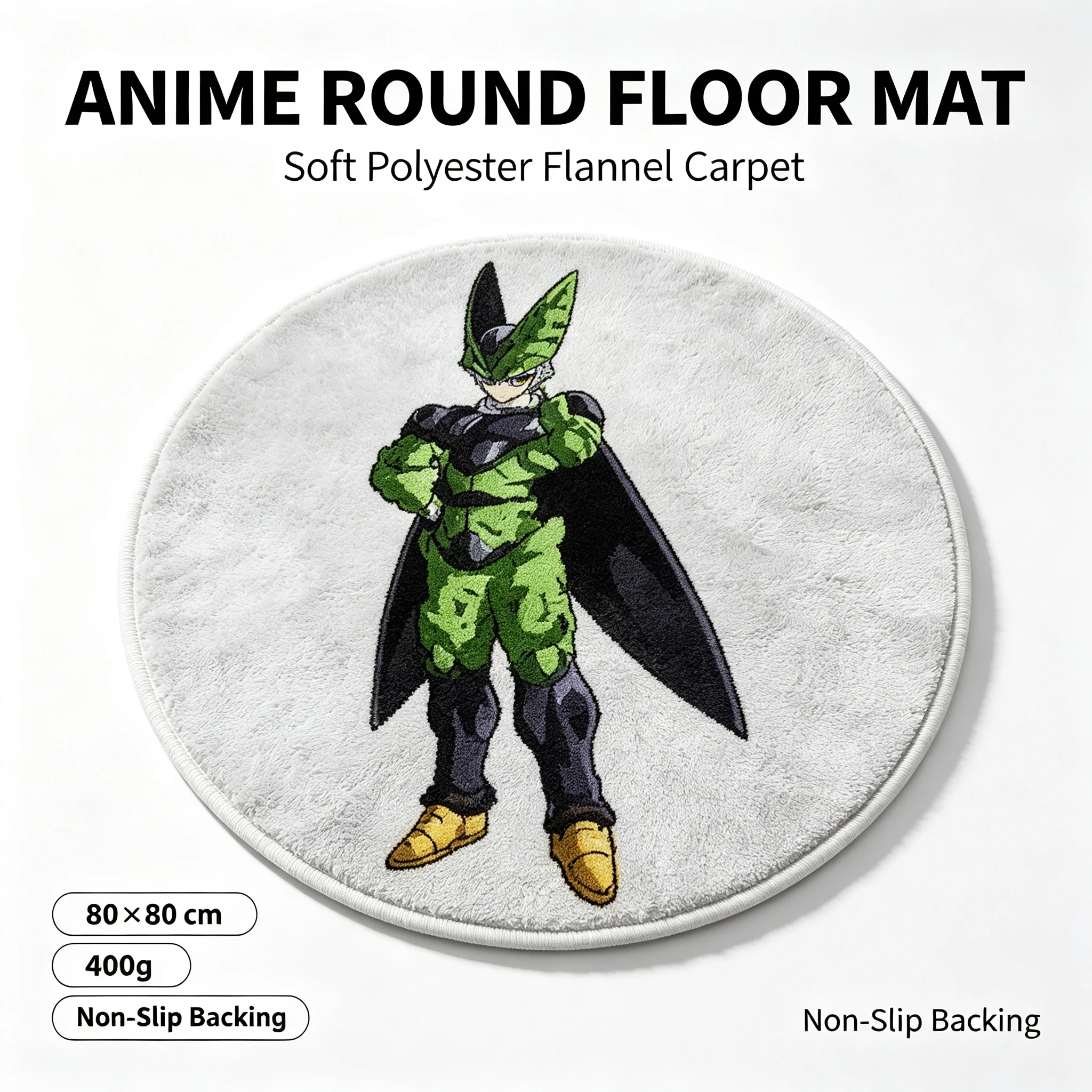 Dragon Ball Cell Anime Round Floor Mat Soft Polyester Flannel Non‑Slip Carpet 80×80cm Anti‑Slip Round Rug for Bedroom Living Room Gaming Room Home Decor Anime Fan Collectible Gift