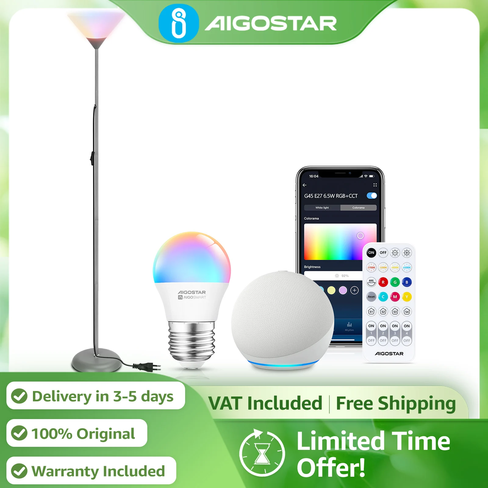 Lámpara de pie moderna Aigostar, bombilla inteligente de malla compatible con Bluetooth E27, RGB a todo color, regulable de 2700k-6500k, control remoto y por voz Alexa, 175 cm de altura