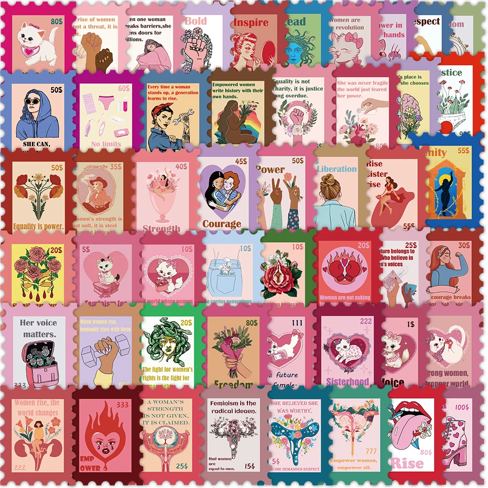 50 pezzi di cartoni animati francobolli femministi adesivi graffiti chitarra decorativa custodia per telefono fai da te adesivi impermeabili per laptop giocattolo