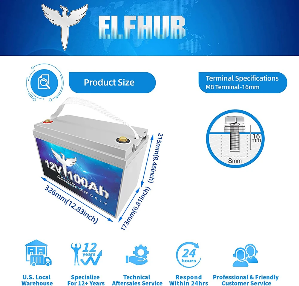 Elfhub 12V 100Ah LiFePo4 Battery 1280Wh Built-in BMS Lithium Iron Phosphate Cell Pack for Solar RV Marine Off-Grid Free VAT