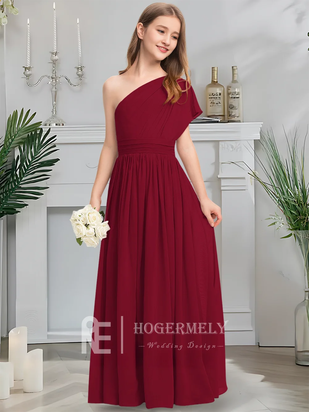 หรูหราหนึ่งไหล่ชุดเพื่อนเจ้าสาวจูเนียร์ Twilight Mauve ดอกไม้สาวชุดชีฟองยาวชั้น Cascading Ruffles