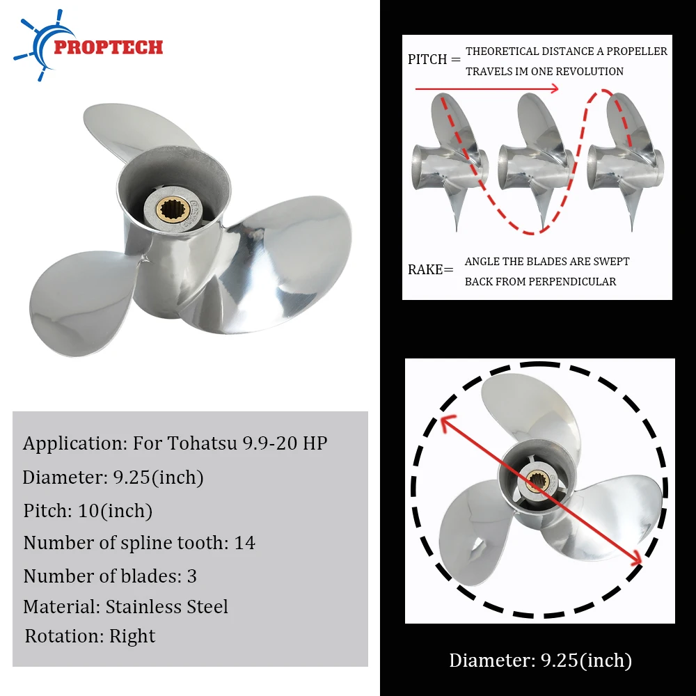 Boat Propeller For Tohatsu 9.9hp 12hp 15hp 18hp 20hp Outboard Screw 9.25x10 Stainless Steel Propeller 3 Blade 14 Spline