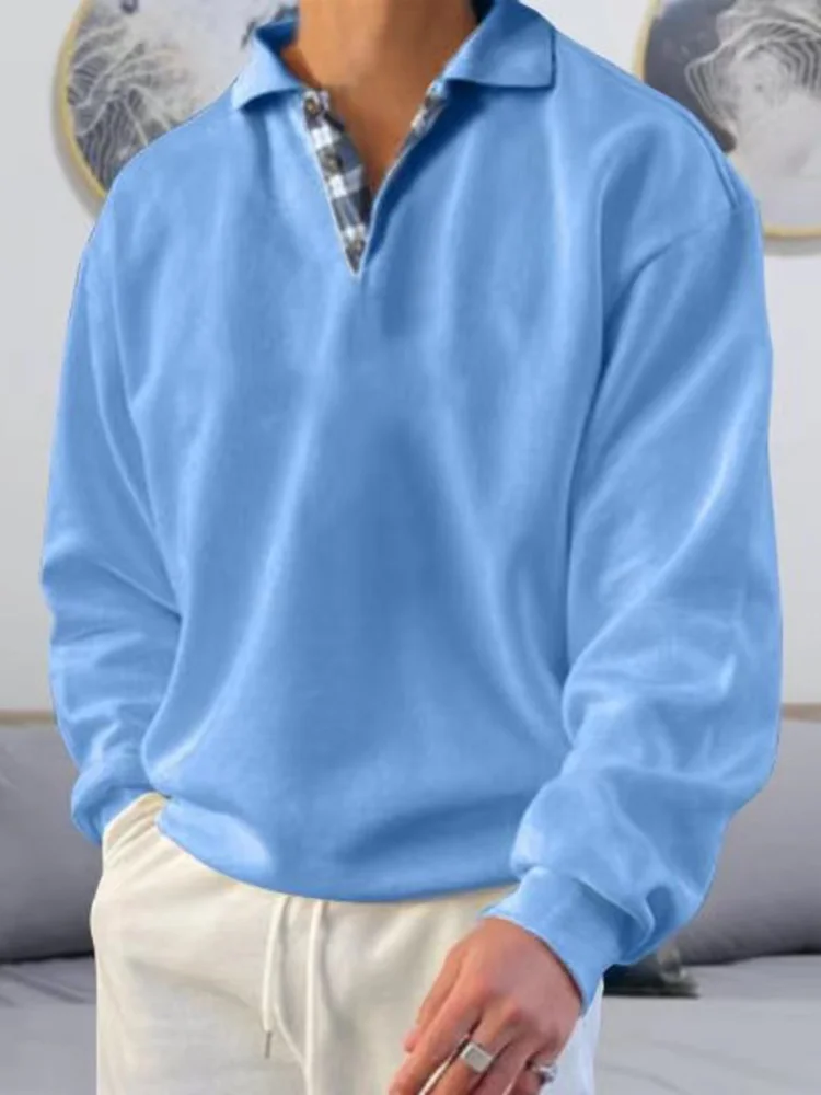Uomo Solid Simple felpe Fashion Splicing risvolto Pullover felpa con cappuccio Casual England Style Button Design Polo a maniche lunghe