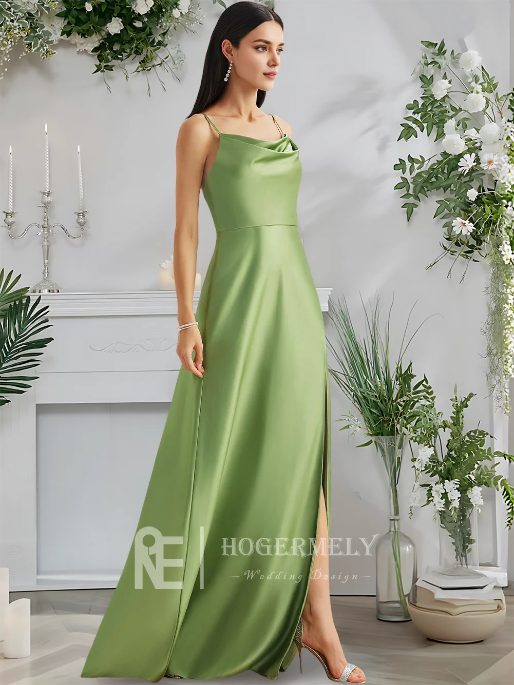 

A Basil 2025 Elegant Cowl Spaghetti Straps A-Line Floor-Length Satin Bridesmaid Dresses Wedding Party Guest Cocktail Dress​