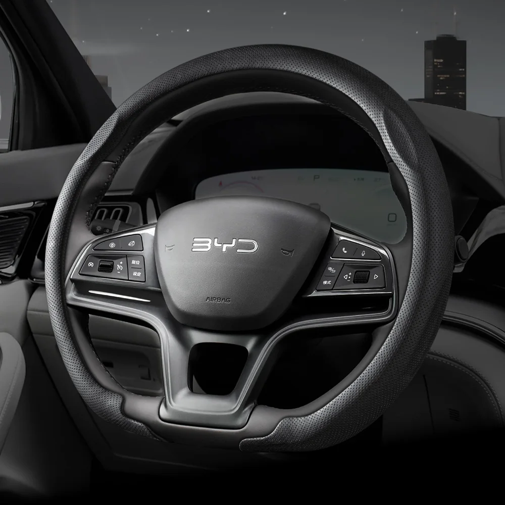 Suitable for Byd Nappa Leather Car Steering Wheel Cover, Non-Slip, Sweat-Absorbent, Breathable, with Holes, for Atto 3 2 Dolphin Seal Sealion Han Song Qin Plus Tang Yuan-Style Seagull Shark E-Max E6, Black and White