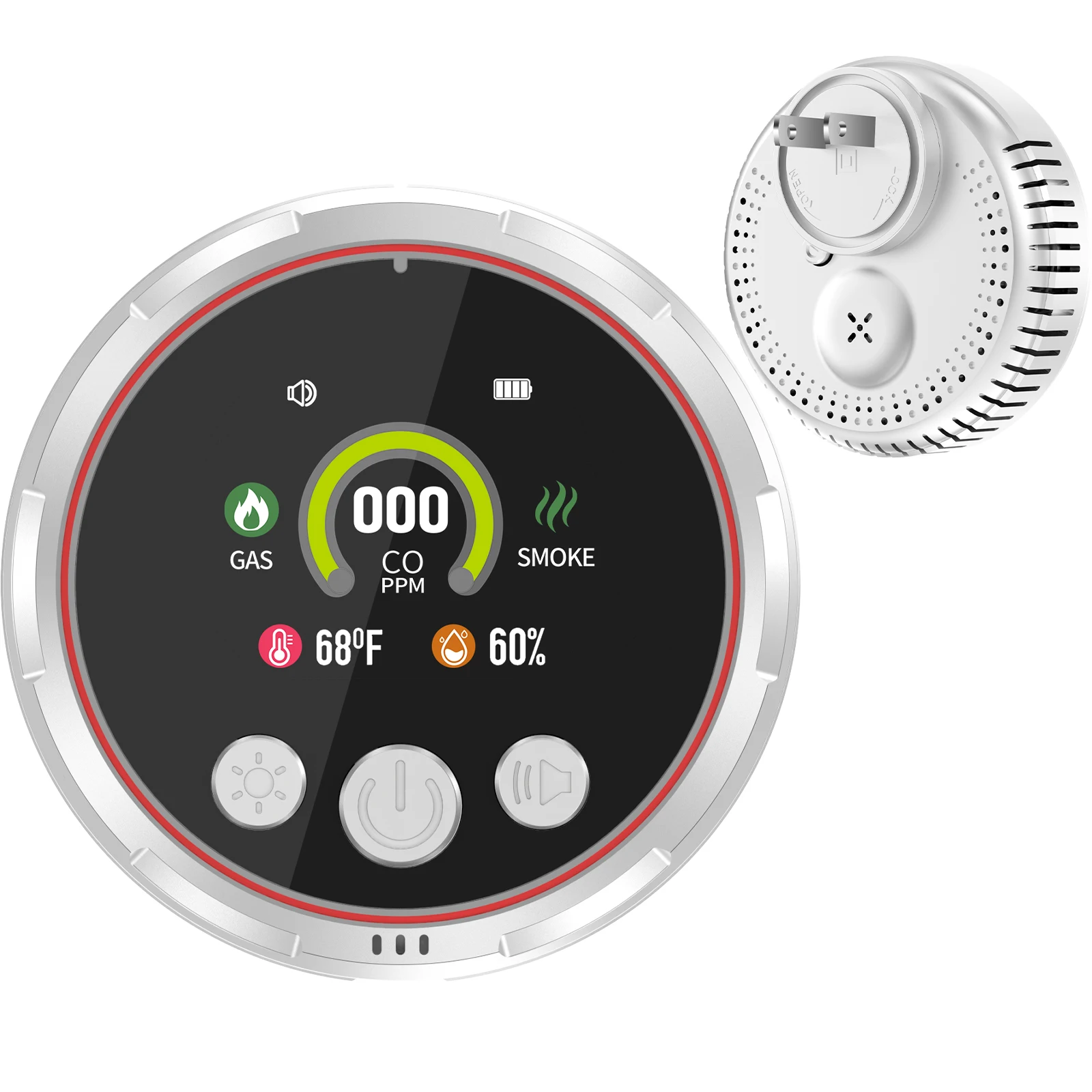 5-in-1 koolmonoxide-, rook- en gaslekdetector met HD-scherm – plug-in en batterijback-upalarm voor CO, brandbaar gas,