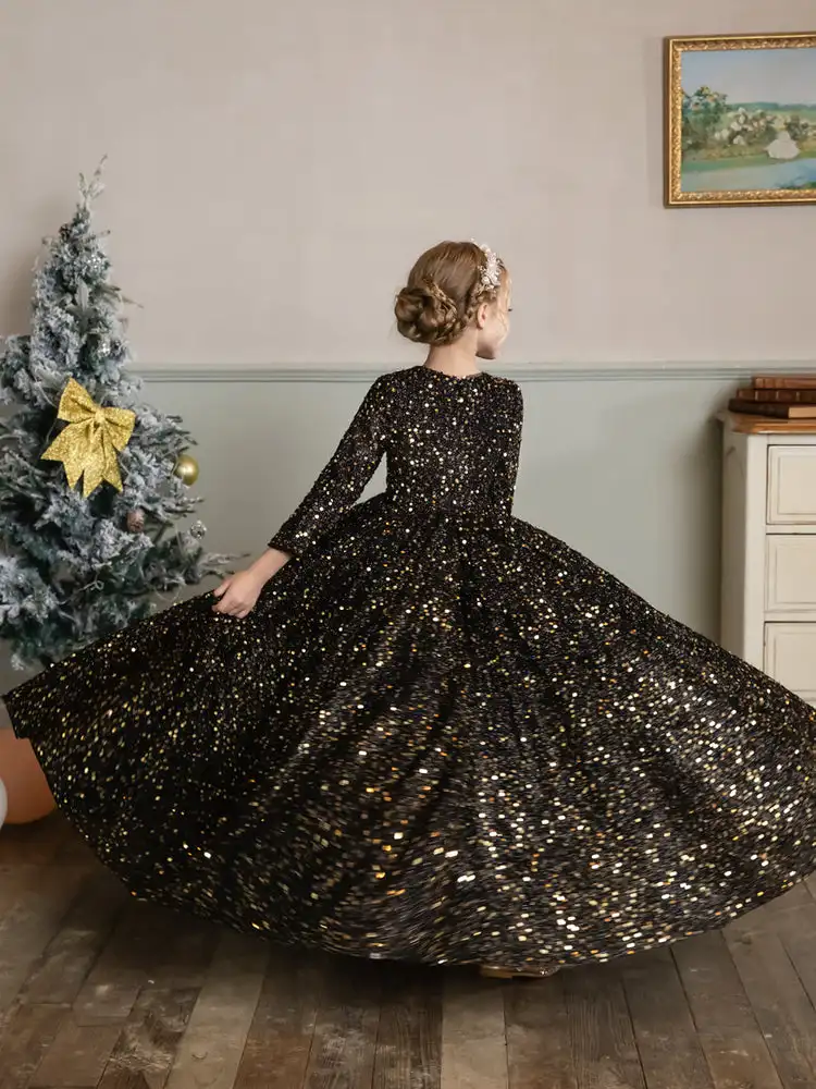 Vestido de lentejuelas de terciopelo con cuello redondo, manga larga, vestido de flores para niña, Navidad, vacaciones, fiesta, baile, vestido de noche, desfile, banquete de Graduación