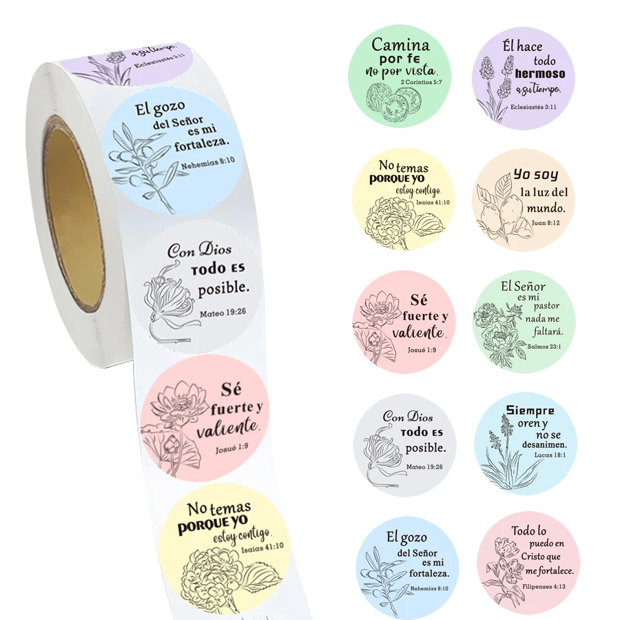 Rollo de pegatinas para versículos de la Biblia española, 500 Uds., etiquetas redondas de escritura Pastel con versículos inspiradores en español