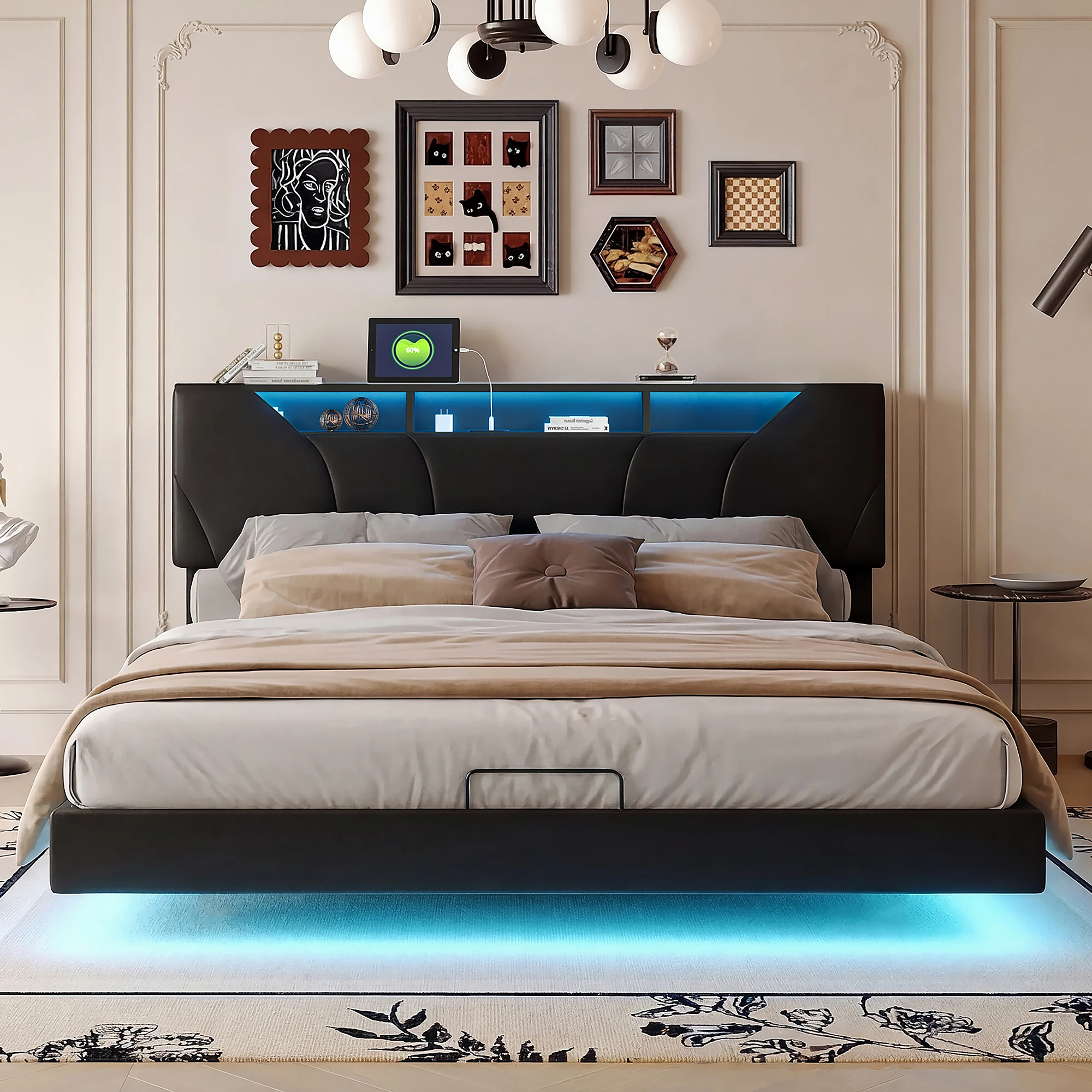 Letto Imbottito Anajqaqia 140x200cm con Testiera Regolabile, Letto Contenitore Idraulico con Box, Letto Matrimoniale con Rete a Doghe, Struttura Letto