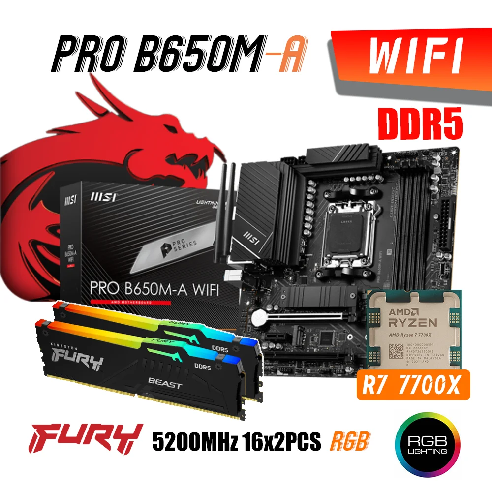 MSI PRO B650M-A WIFI DDR5 Motherboard AM5 With AMD Ryzen 7 7700X Processor Kit Combo Fury 5200MHz 16G x2 DDR5 RGB Memory NEW