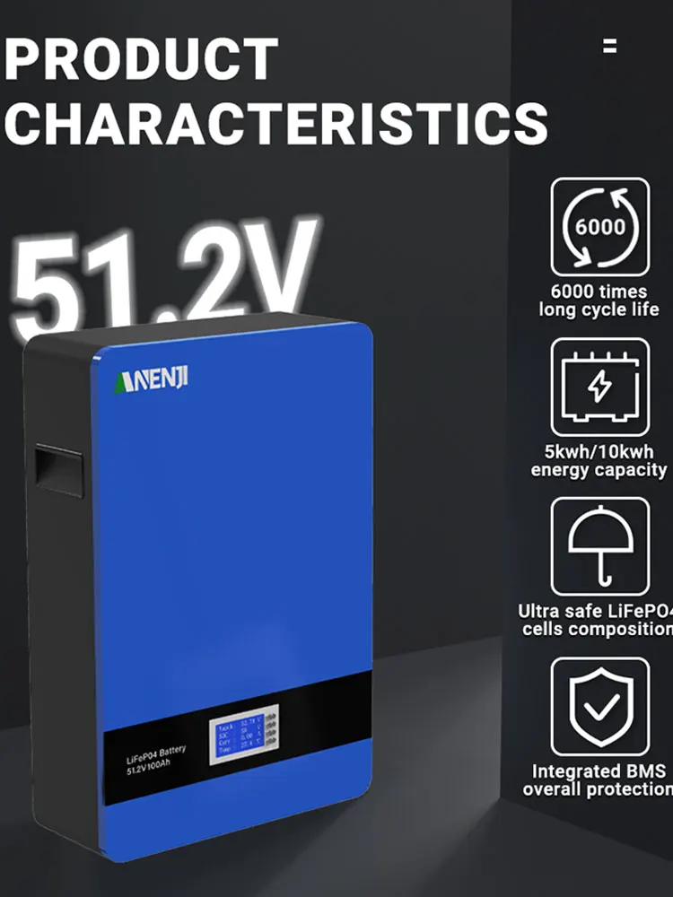 ANENJI 51,2V 100Ah Powerwall LiFePO4 Wandmontierte Batterie 5kWh 48V 6,2K Solar-Wechselrichter für Solar Off/On-Grid mit integriertem BMS 6000+ Zyklen