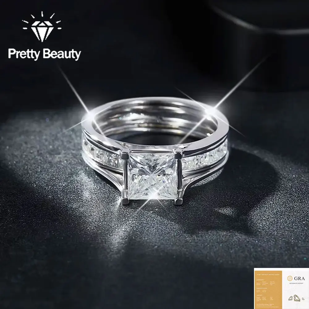 Pretty Beauty Princess Cut Moissanite Wedding Band 2Pcs Set for Women 1.5CT Engagement Ring S925 Silver Anniversary Jewelry Gift