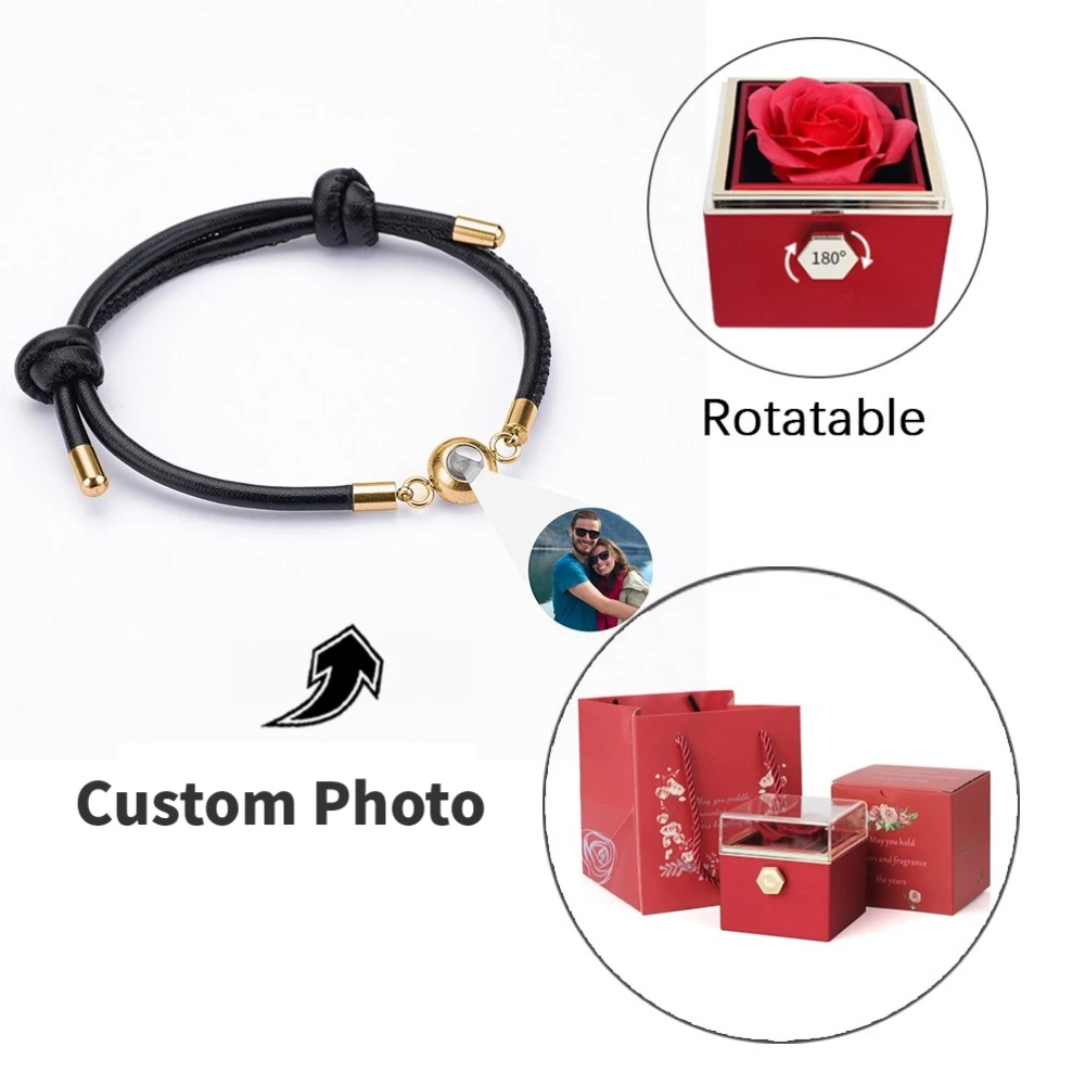 LEATHER PROJECTION BRACELET Rotating Rose Gift Box High Quality Preserved Flower Gift Box Couple Jewelry Custom Photo Bracelet