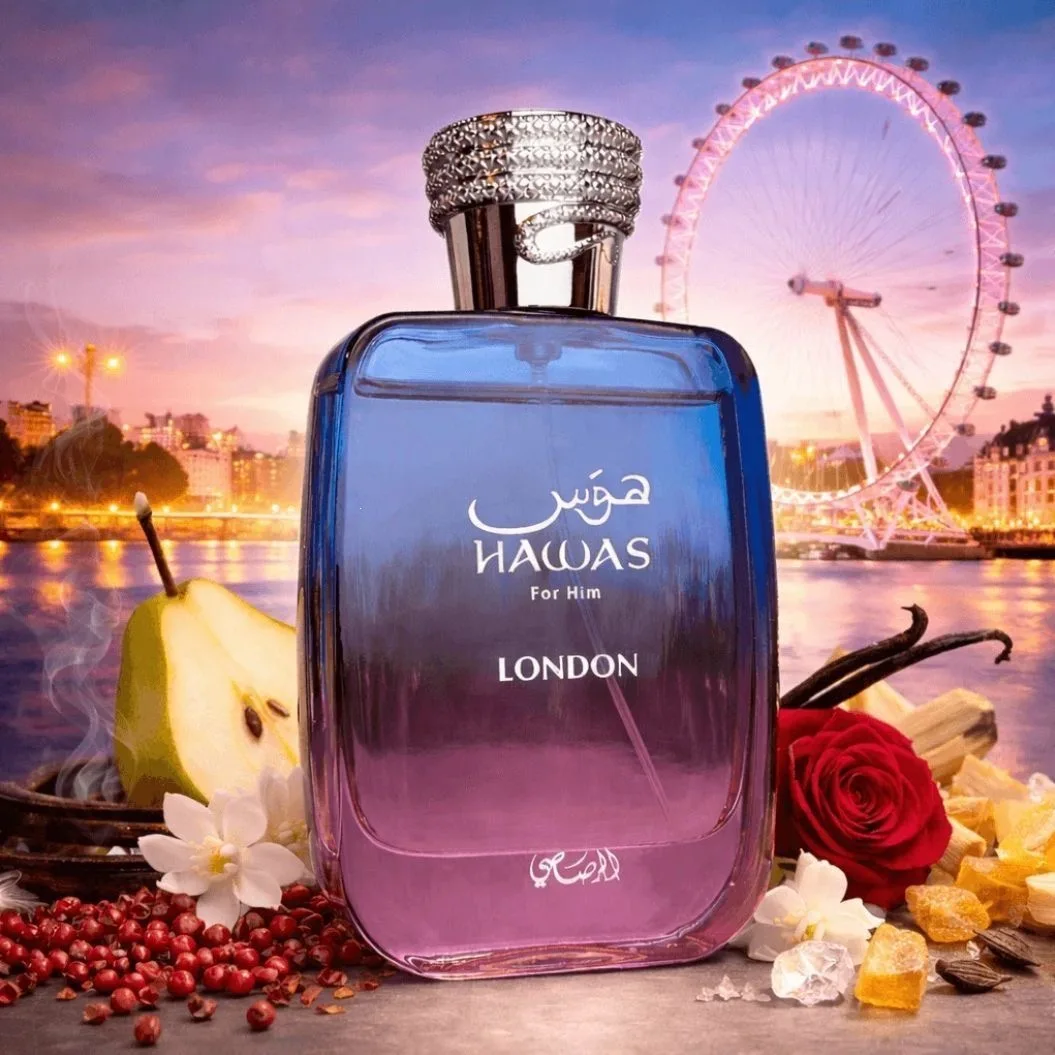 Hawa London For Him Eau de Parfum, eine neue Kollektion wurde 2026 auf den Markt gebracht und enthält rosa Pfeffer und Safran.