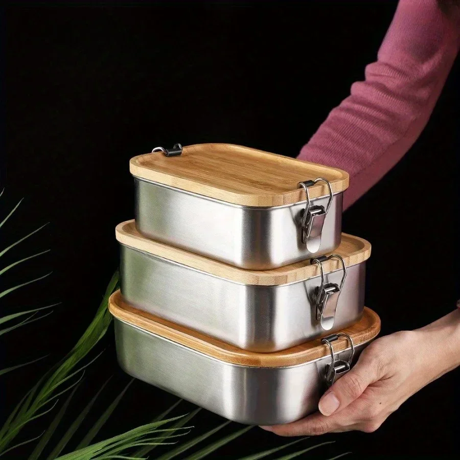 Neue Lunchbox aus Edelstahl 304 mit Bambusdeckel, Aufbewahrungsbox im japanischen Stil, Lunchbox, Essensaufbewahrungsbox