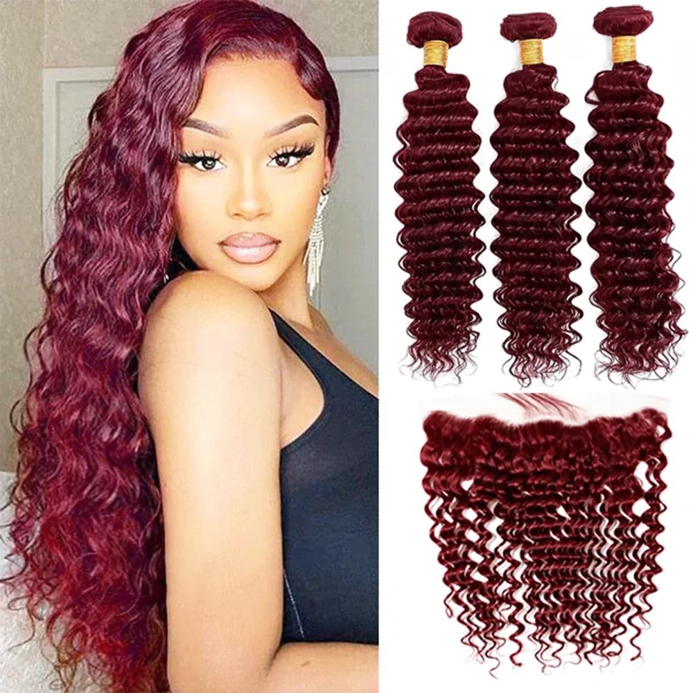 

#99j Burgundy Deep Wave Bundles with Frontal 28 30 Inch Remy Hair Curly Bundles and Frontal For Extensions Red Colored Bundles
