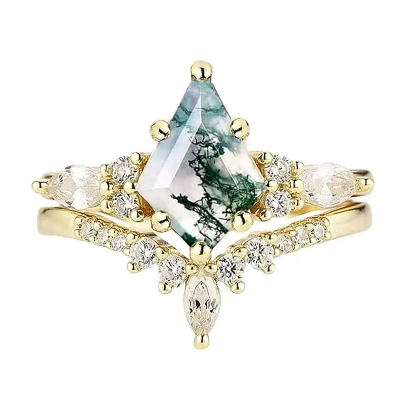 2024 new jewelry natural green moss stone agate high quality women's two-piece wedding ring set