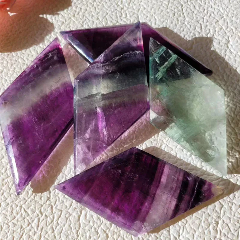 Natural Rainbow Fluorite Diamond Shape Carving Unique Gift Polished Beautiful Colorful Quartz Crystal Stone Rhombus Desk Decor