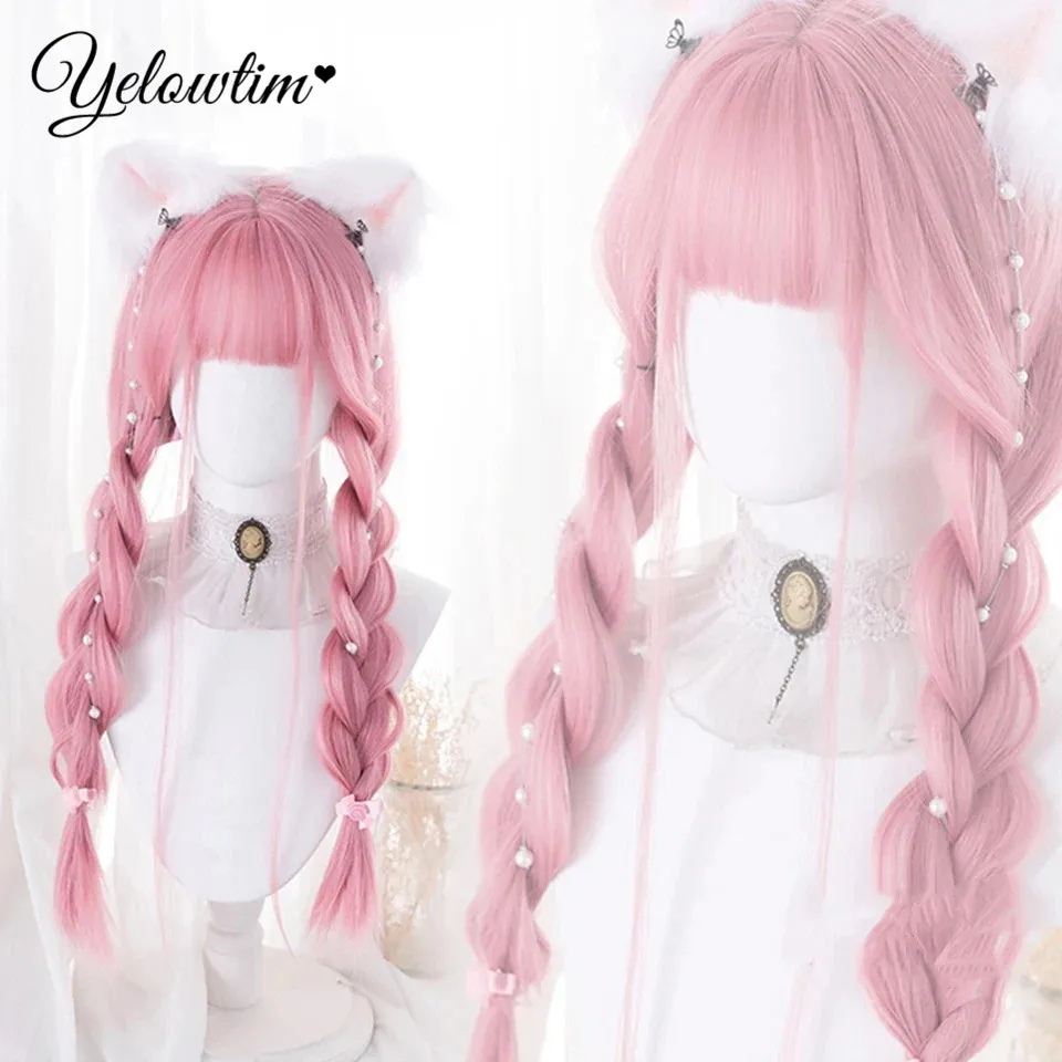 Yelowyim Cosplay Perücke mit Pony synthetisches glattes Haar 24 Zoll lange hitze beständige rosa Perücke für Frauen