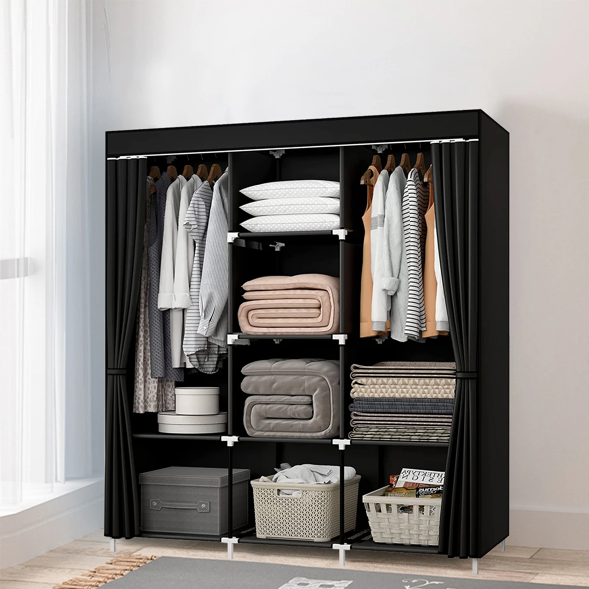 Portable Wardrobe For Clothes Storage with Shelves Water Proof Wardrobe Dust Organizer (Black)