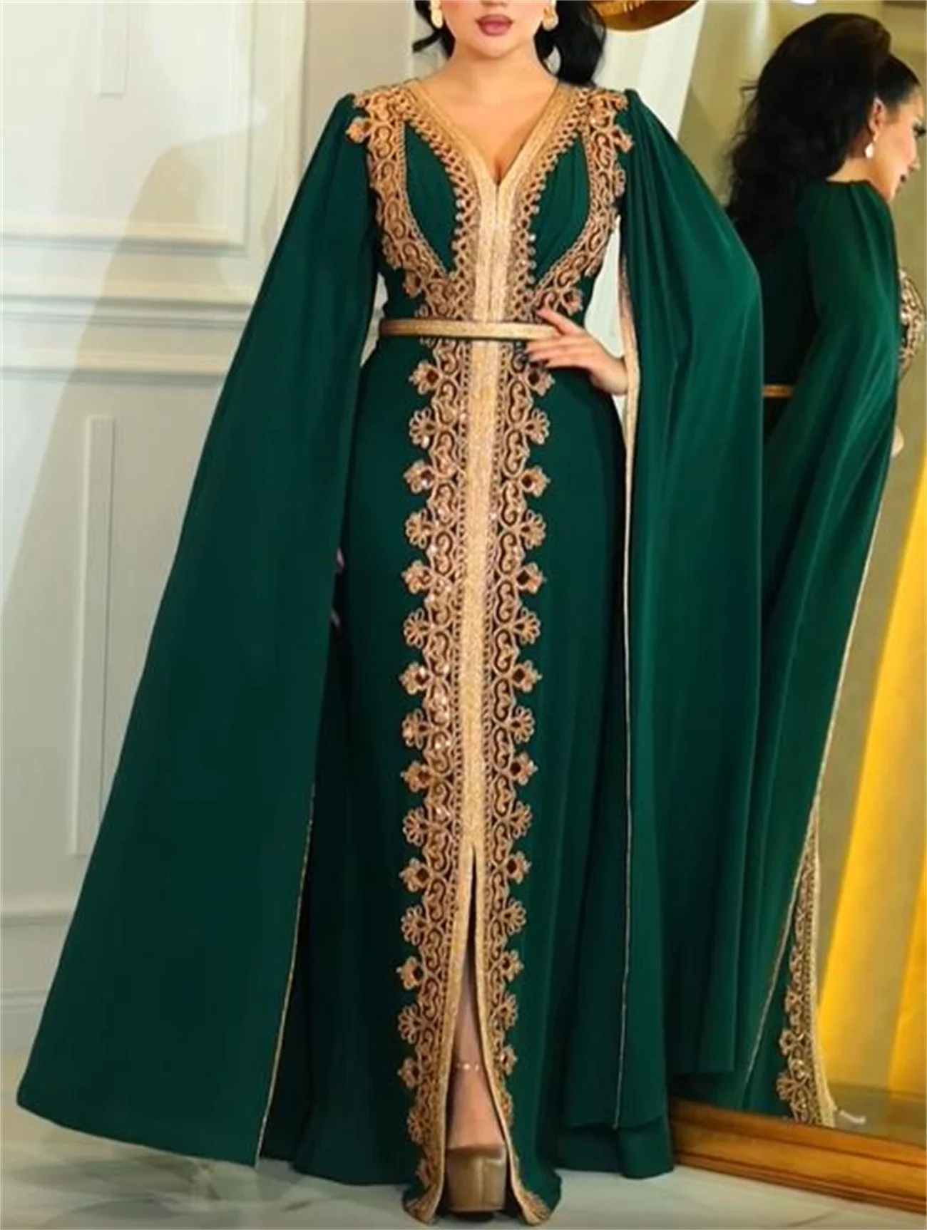 Luxury Evening Dress Green  V Neck Cape Sleeve Split To Floor Lace Applique Muslim Kaftan Elegant Party Dresses For Women 2023