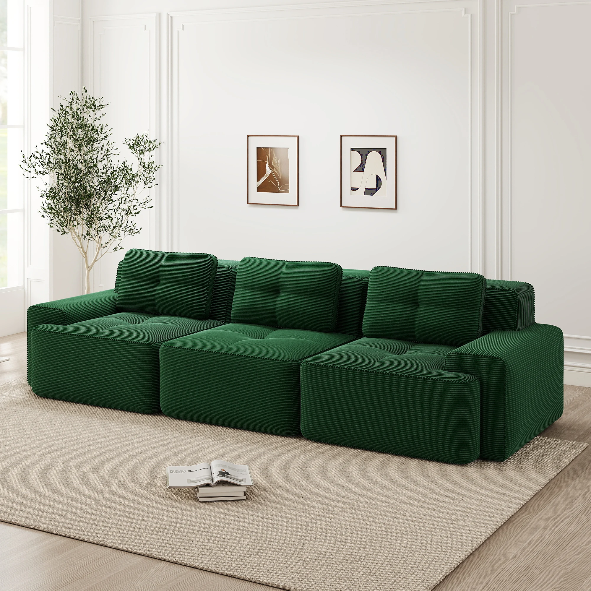 Modern 3-Seater Corduroy Cloud Sofa, Over-Sized Modular Corner Sofa w/ Deep Seat. Boneless Green Couch for Living Room, No Assem
