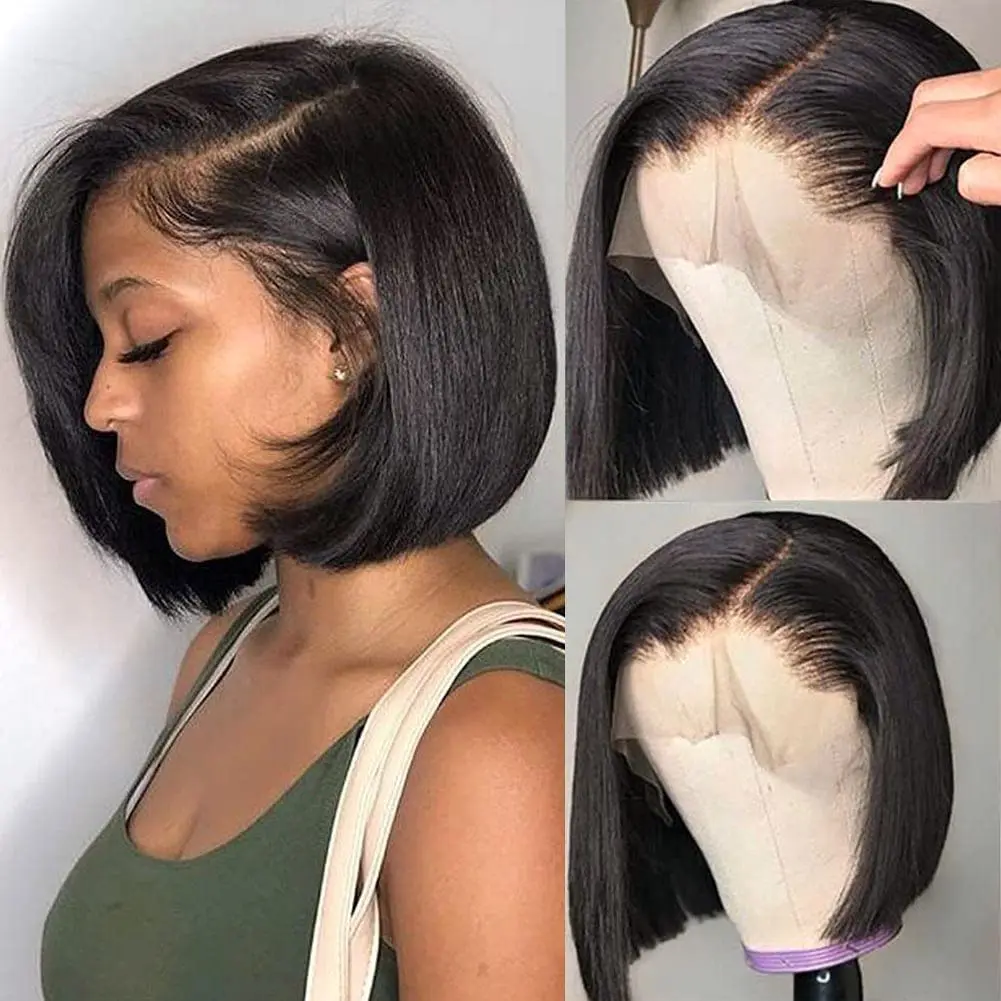 13x4 Lace Front Bob Wigs Pre Plucked Bleached Knots T Part Straight Short Bob Human Hair for Black Women 180% Density 10A