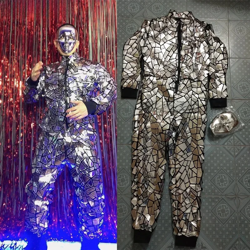 Srebrne laserowe cekiny kombinezon z zamkiem błyskawicznym kombinezon męski piosenkarz HIP HOP występ na scenie ubrania klub nocny Bar tancerz kostium zespołu — zdjęcie 2