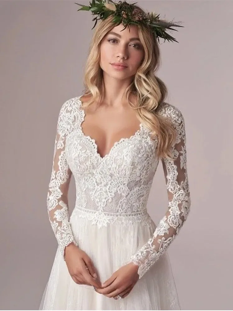 Boho Long Sleeves A-line Wedding Dresses For Women Corset Low Back Floor Length Lace Appliques Tulle Bridal Gown Customized image 2